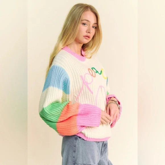 Multicolor Striped Peace Sign Balloon Sleeve Sweater - Davi & Dani - Picture 6 of 8